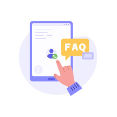 Hand touching phone screen with faq. Customer finding answer in support chat. Concept of customer guide, support chat, faq, questions and answers. Vector illustration flat design for web banner
