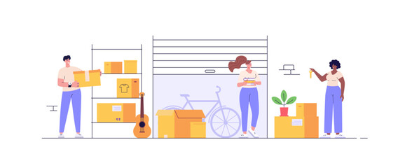 Neighbors keeping personal items in rental self-storage units. Man and women holding boxes. Concept of self storage unit, small mini warehouse, rental garage. Vector illustration in flat design