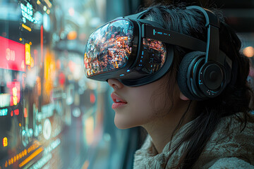 A person wearing virtual reality goggles interacting with a simulated environment, emphasizing advancements in immersive technology and user experience.