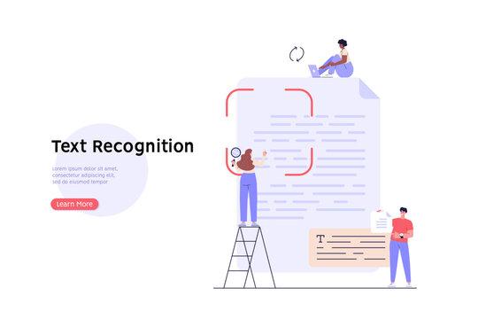 People recognize text of document with phone and ai. User scanning text file. Concept of text file recognition, OCR, optical character recognition. Vector illustration in flat design for web banner