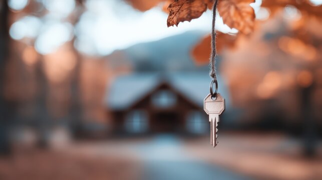 A golden key dangles from a string against a blurred background of a picturesque house, captured in a warm autumnal setting. Represents home ownership dreams. - Powered by Adobe