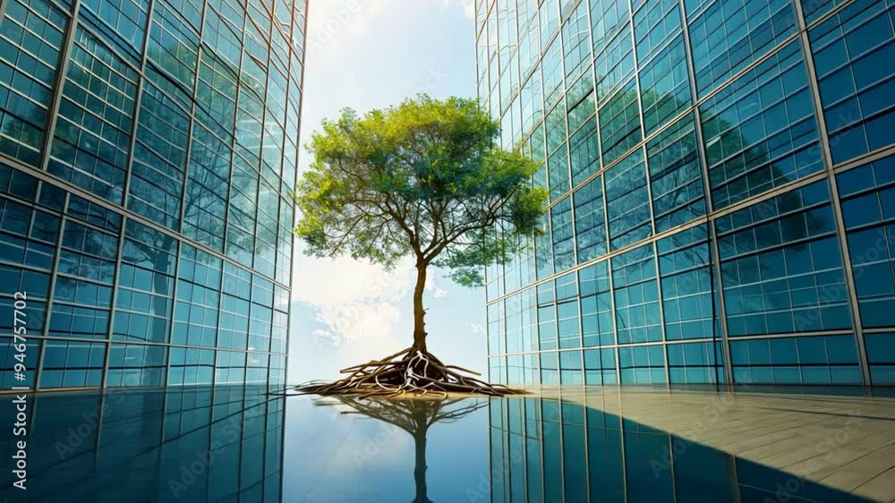 Aufkleber A tree is growing out of the ground in the middle of a large building. The tree is surrounded by glass windows, and the reflection of the tree can be seen in the water