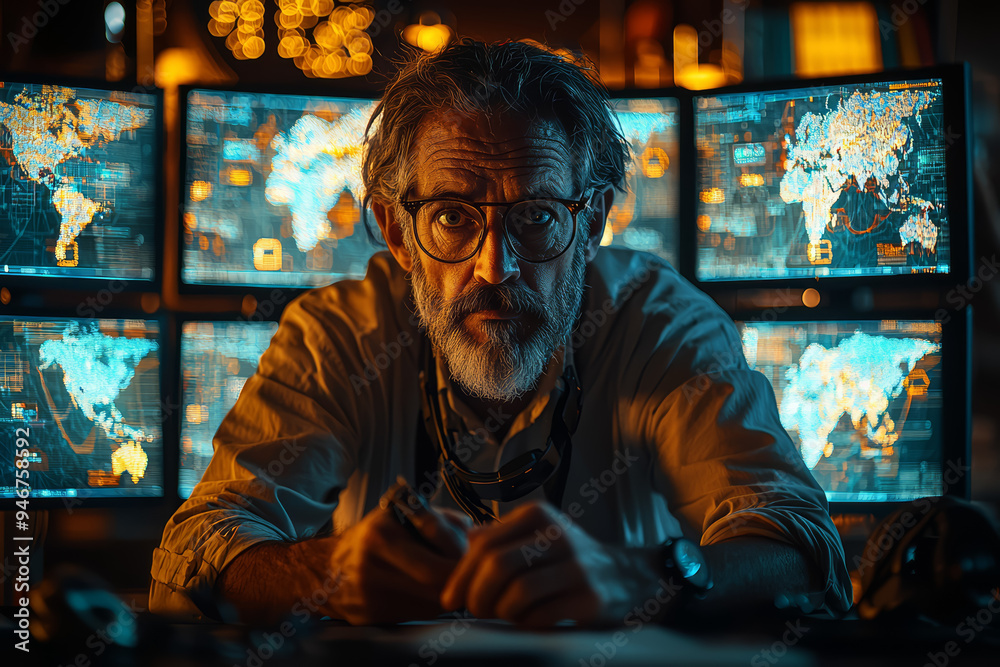 Poster a cybersecurity expert analyzing network security data on multiple screens, showcasing the importanc