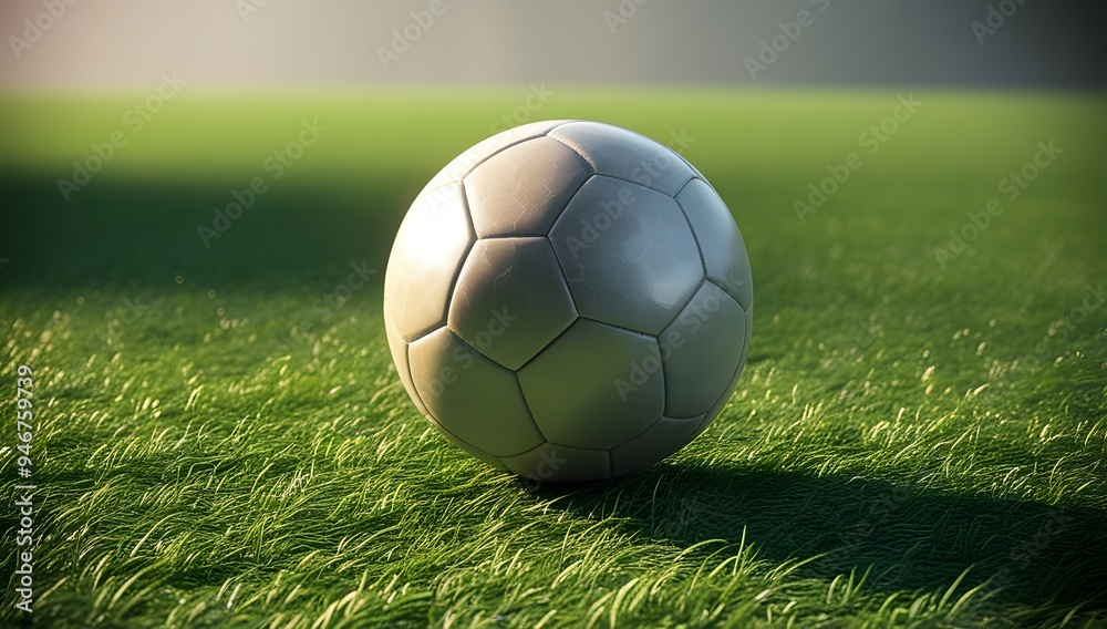 Wall mural Black and white soccer ball on green grass, ready for a game