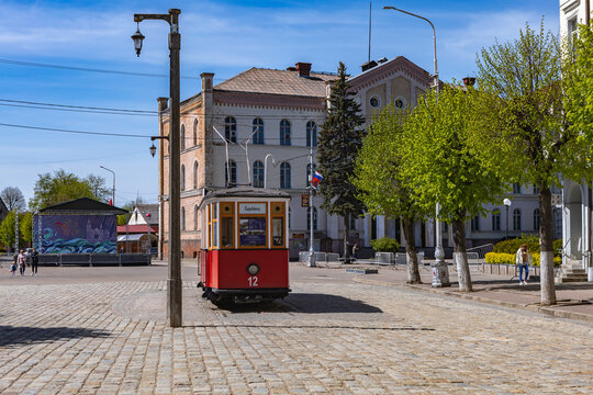 Sovetsk, Kaliningrad region, Russia, May 10, 2022 Monument to the Tilsit tram