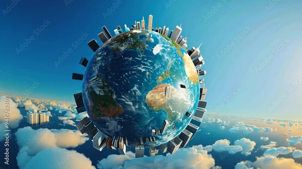 Poster a globe with a city on it. the globe is surrounded by clouds