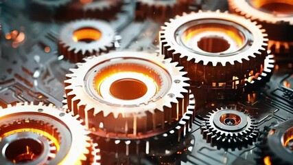 Multiple gears are spinning and glowing on a circuit board, giving an impression of a powerful financial engine. This image conveys concepts of technology, industry and finance