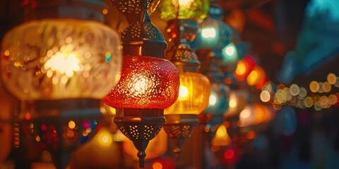 Colorful Turkish glass mosaic lanterns glowing Authentic retro style Arabic lights in multiple vibrant colors Rows of illuminated Moroccan craft lanterns Middle Eastern decor with oriental