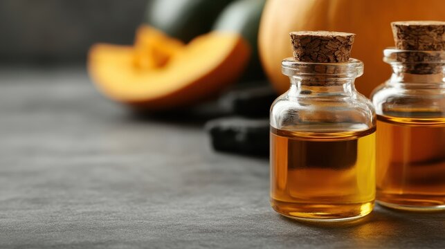 A charming setup of oil bottles with pumpkins in the background, capturing the spirit of autumn. The image exudes a warm, cozy sensation typical of the fall season.