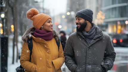 A couple enjoys a snowy walk in the city, wearing winter coats and hats, amidst falling snowflakes during a cold afternoon
