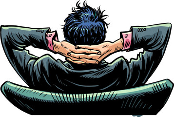A man in a suit sits with his hands behind his head. The client observes lucrative discounts from stores. A man looks into the distance while sitting on a chair.