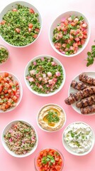 This vibrant selection of Arabic dishes showcases fresh salads, flavorful dips, and tender grilled kebabs arranged neatly for a delightful meal