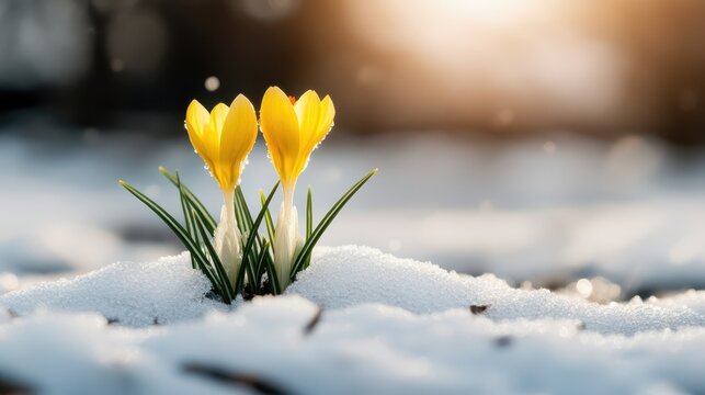 This image captures bright yellow flowers emerging through a snowy landscape, representing the transition from winter to spring and the beauty of resilience and seasonal change.