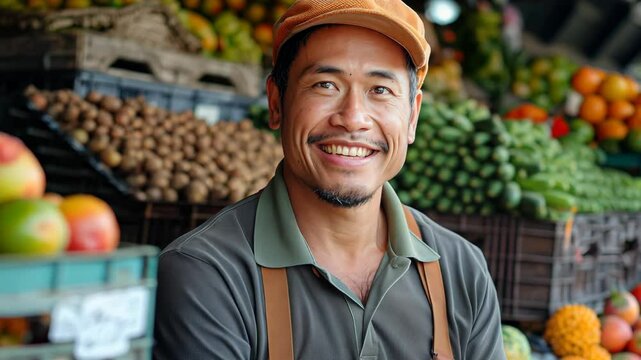 Asian vegetable and fruits seller smiling standing at his stall at market