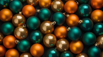 Merry Christmas Happy Holidays greeting card background, New Year, Noel, Winter xmas holidays flat lay. Christmas golden ornaments, decor fir tree, gift boxes on black background top view copy space
