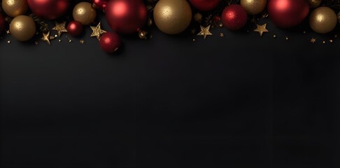 Merry Christmas Happy Holidays greeting card background, New Year, Noel, Winter xmas holidays flat lay. Christmas golden ornaments, decor fir tree, gift boxes on black background top view copy space
