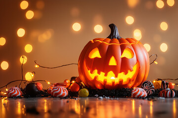 Halloween Pumpkin with Candy and Lights