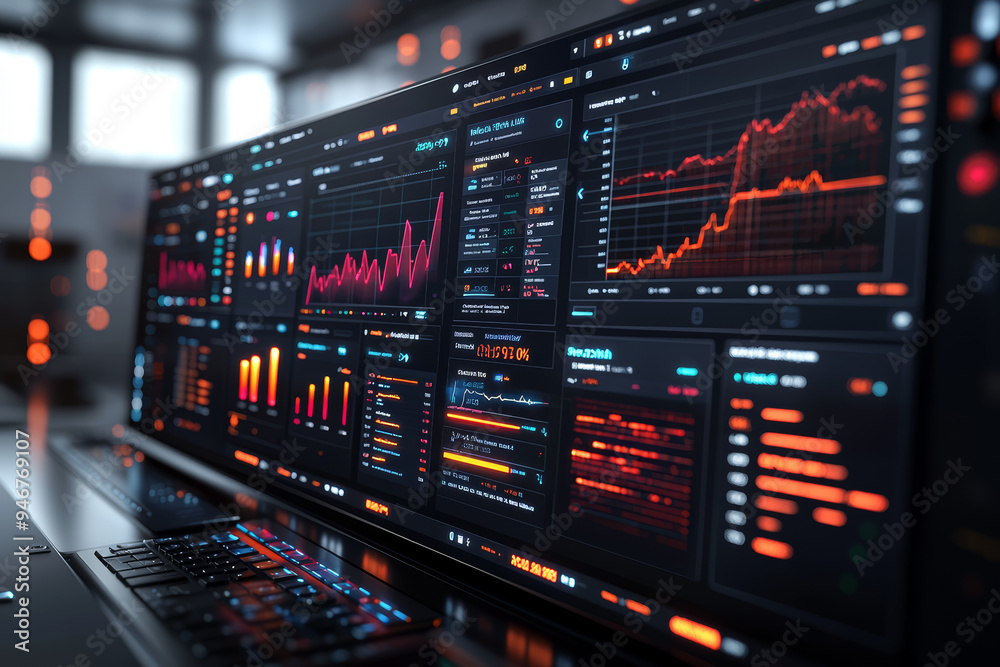 Poster a digital dashboard displaying real-time financial data and analytics, demonstrating the tools used 