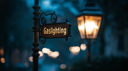 Gaslighting graphic banner concept street lamp at night. Concept for someone making another person question their memory and distorting reality