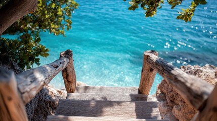 A picturesque wooden stairway descends toward the crystal-clear ocean water, inviting one to embrace the natural beauty, serenity, and adventure of a perfect beachside escape.