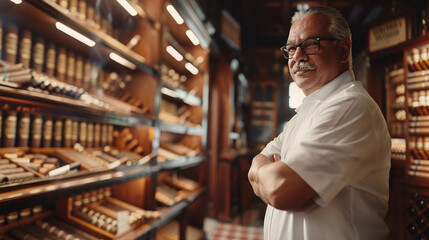 Cigar Shop Owner Standing Proud in Front of Cigar Display
