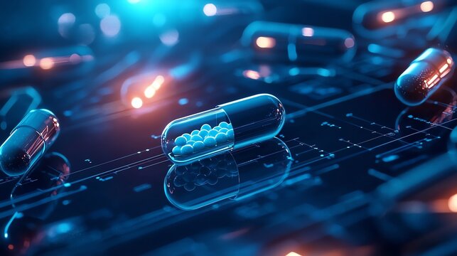 A futuristic digital representation of a capsule on a circuit board, blending technology and pharmaceuticals in a vibrant atmosphere.