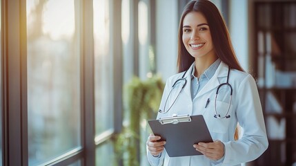 Cheerful millennial lady doctor in white coat, with stethoscope and clipboard standing next to window at clinic, hospital, copy space. Medical exam, health care consultation.