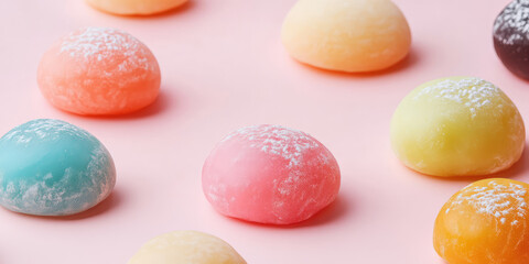 Obraz premium Creative composition of different round multi-colored mochi on a pastel colored background with copy space. Japanese dessert