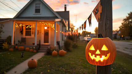 Fototapeta premium A chic Halloween porch at twilight, adorned with elegant pumpkins, glowing lanterns, and spooky minimalist decor.