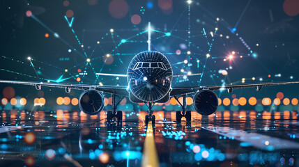 Airplane in Futuristic Hanger with Digital Interface and Glowing Lights
