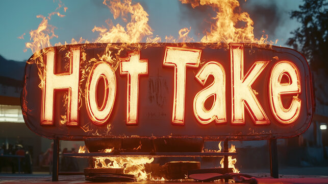Hot Take words written over flames and a firey grill, trending social media phrase for unpopular opinion or sensational commentary