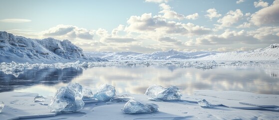 Obraz premium A Large Iceberg Rests on a Frozen Lake Surrounded by Smaller Icebergs