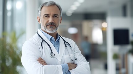 Happy man with arms crossed in hospital, clinic or support of surgery team. Cardiology, surgeon and consulting person with trust in expert advice, service or pride in healthcare.