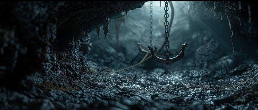 A 3D rendering illustration of a pirate's hook in a dark cave 