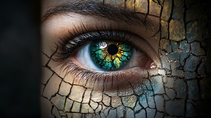 Obraz premium An artistic close-up of a human eye with a cracked texture and vibrant colors.