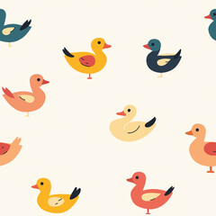 Cute seamless pattern with flat design ducks, pastel background