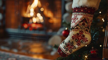 This minimalist image captures the essence of Christmas cheer with holiday lights elegantly strung around a cozy fireplace, featuring prominently displayed stockings