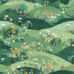 Seamless pattern with green rolling hills, wildflowers , landscape with trees and hills