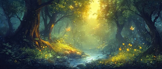 Obraz premium Enchanting Forest Path With Stream, Sunlight, And Butterflies