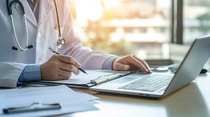 Naklejka premium Doctor working on laptop computer, writing prescription clipboard with record information paper folders on desk in clinic, Healthcare and medical concept. copy space for text.