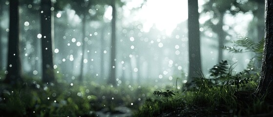 A Misty Forest with Sunlight Filtering Through the Trees