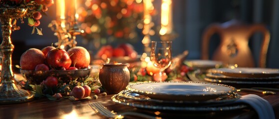 A Festive Table Setting with Candles, Fruit, and Golden Accents