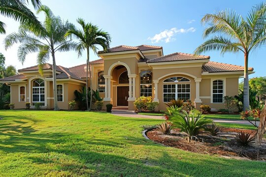 Large american home with a lush green lawn, palm trees, and tropical landscaping