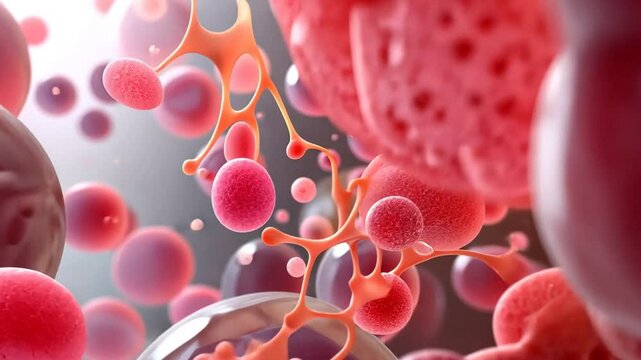 A close up of two pink cells with one of them being broken. The other cell is surrounded by many other pink cells