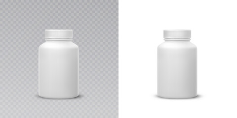 Bottle mockup isolated on transparent and white backgrounds. Medicine plastic package for pills, vitamins or capsules. Vector empty jar, container mock up