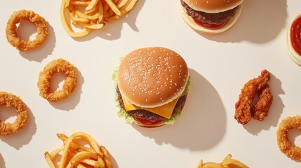 A variety of fast food items are arranged attractively, featuring a burger, fries, onion rings, and chicken tenders for a feast