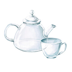 Glass tea set teapot and cups in watercolor. Isolated illustration for design of menu of restaurants, cafes, tea shops, cookbooks