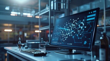 Visualization of a 3D molecular structure on a monitor in a dimly lit research facility highlighting AI advancements in battery technology