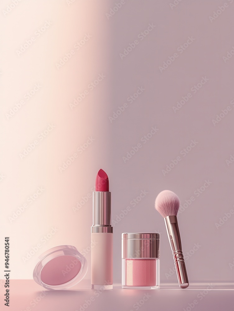 Poster a stylish display of cosmetic products including lipstick, powder, and brushes is set against a soft