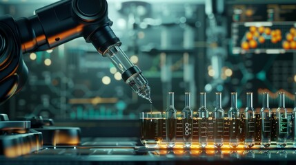Robotic arm dispensing liquids into test tubes in an advanced lab environment with digital synthesis data displayed